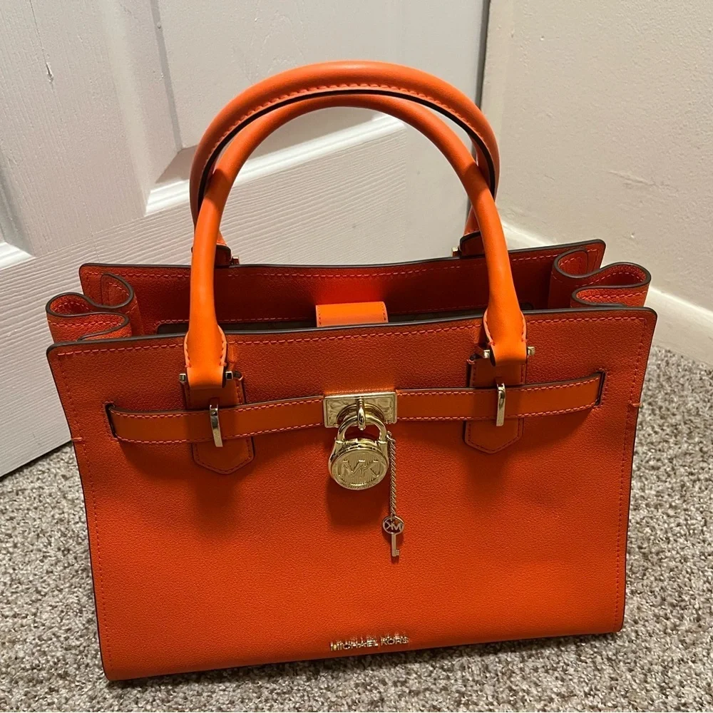 Michael Kors Orange Leather Satchel with Gold-Tone Hardware
